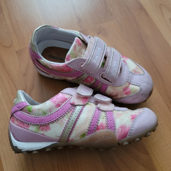 GEOX Respira Sport Girls US 10 EUR 27 Sneakers Pink Floral Leather Flat Shoes - Picture 1 of 12